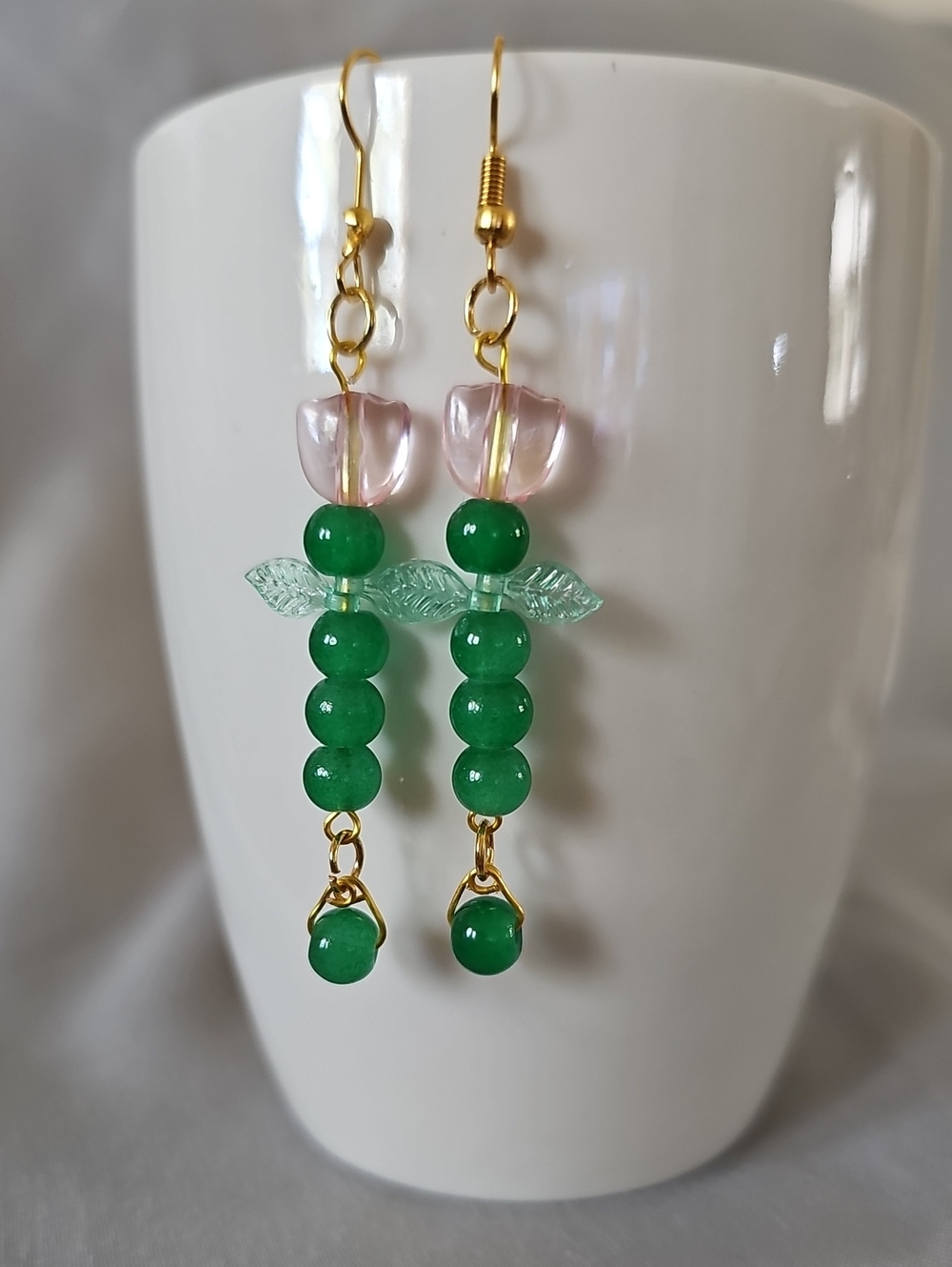 Green and Pink Beaded Flower Dangle Earrings